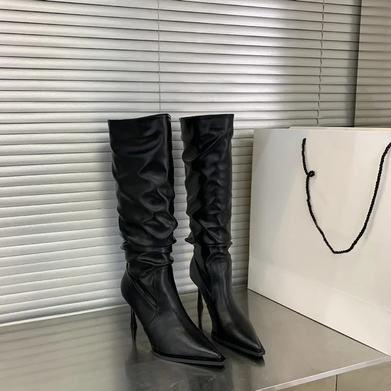 Long boots 2025 autumn and winter pointed pile boots thin heel black long tube boots women's high tube boots knight boots