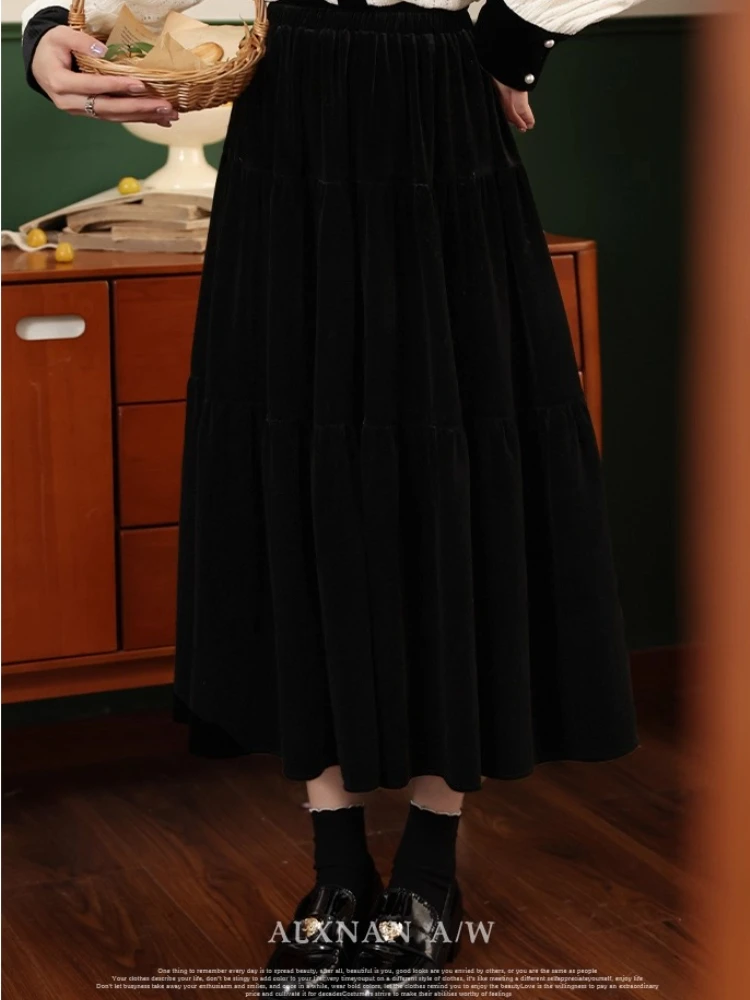 ALXNAN Plus Size Black Skirt Corduroy High-quality Elegance Casual Woman Skirt Autumn Winter Casual Travel Long Skirt DM00502BSQ