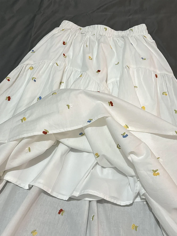 Coréen doux Sle broderie florale blanc f jupe femmes été réduction de l'âge taille haute mince a-ligne parapluie jupe longue D...