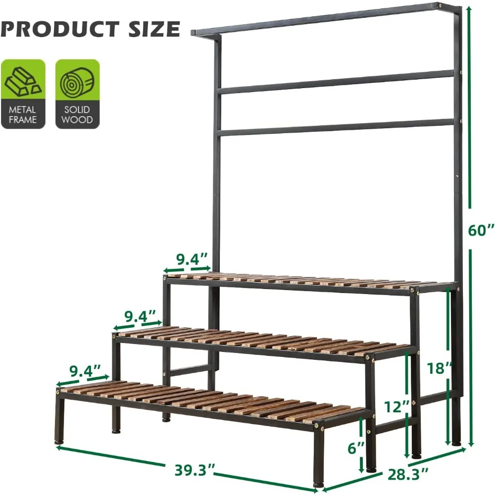 3 Tier Hanging Plant Stand Ladder Plant Shelf, Tall Plant Stand Outdoor Indoor Steel-Wood Shelves Metal Frame