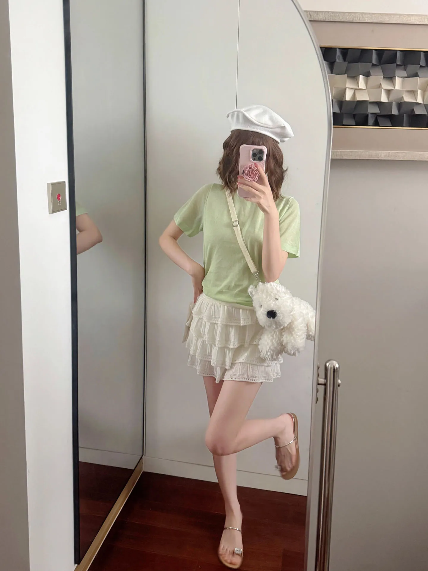 

Layered High Intelligence Knitted Top Belted West Pants Short Sleeve Casual Pants Set Shoulder T Shirt Commute Style Slim Fit