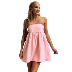 Elegant Solid Strapless Dress Women's Sleeveless Beach Vacation Short Dress Splice Off Shoulder Loose High Waist Clothing