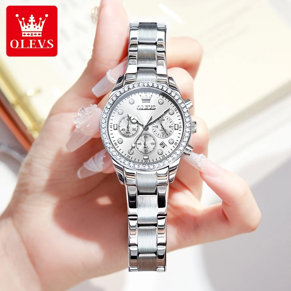 OLEVS Luxury Original Quartz Watch for Women Stainless Steel Waterproof Auto Date Chronograph Elegant Diamond Ladies Wristwatch