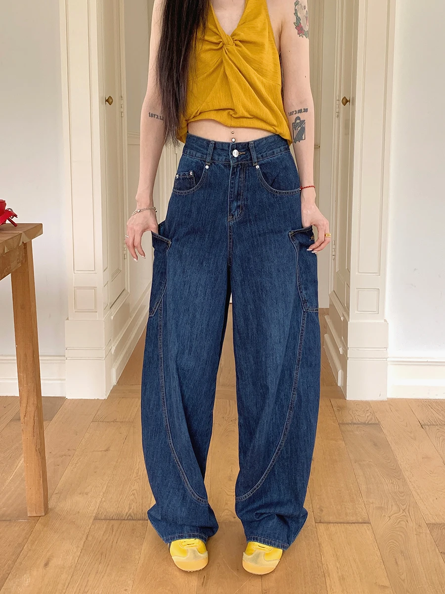 

Синие женские повседневные брюки с высокой талией и широкими штанинами, дизайнерские джинсы с изогнутым кроем, летние свободные длинные брюки Aosphere