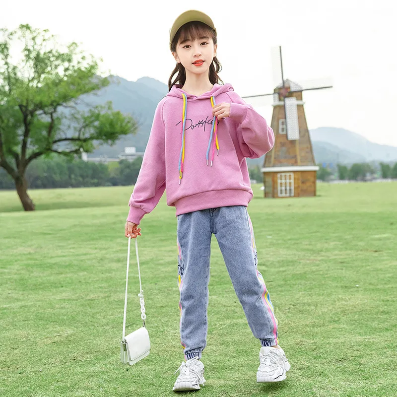 2024 Spring Korean Style Junior Girls Casual Sports Suits Sets Baby Girls Cotton Hooded Sweatshirt+Jeans Sets Children Outfit