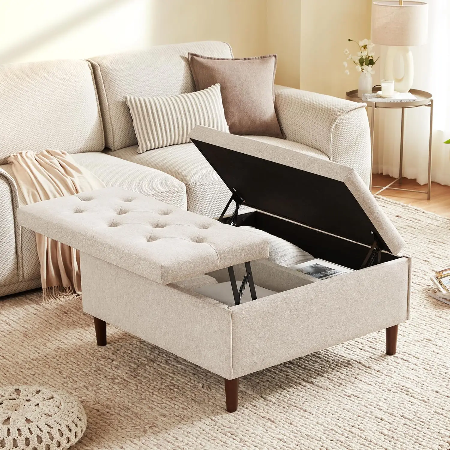 35 Inch Extra Large Storage Ottoman Coffee Table with Lift Top, Oversized Square Ottoman with Storage, Tufted Upholstered