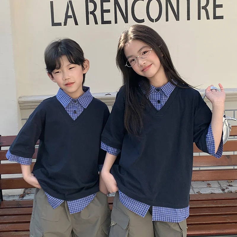 Korean Vintage Preppy Style Double Layered Half Sleeve Shirt For Boys Girls School Uniform Blouse Kids Children Twins Tops 2-11Y