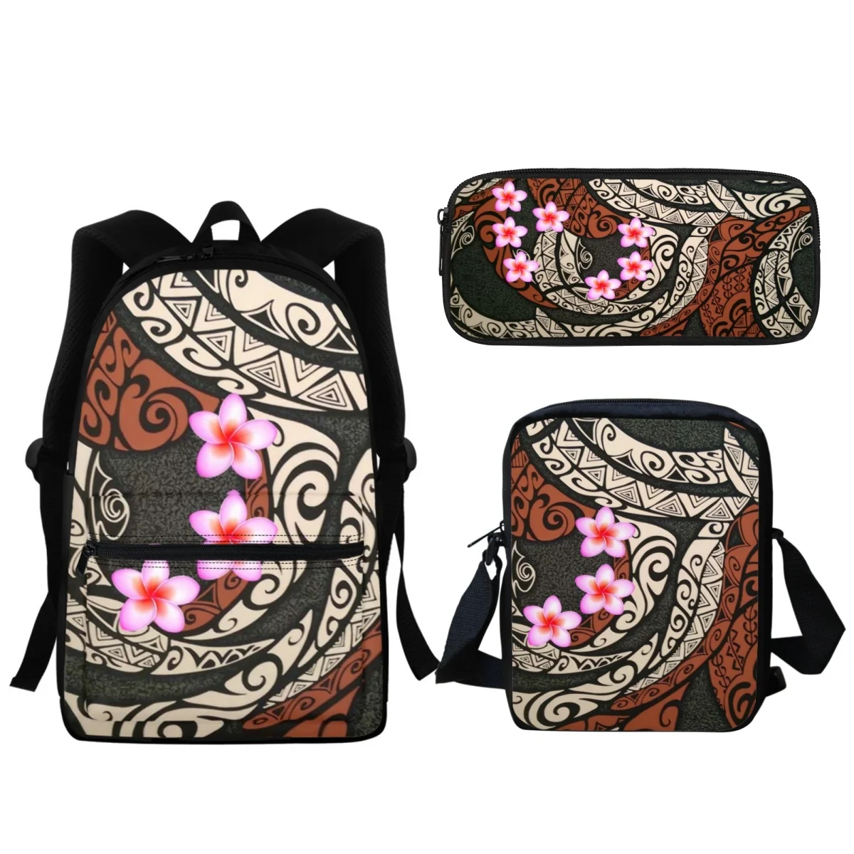 

New 3Pc/Set 3D Printed Plumeria Hibiscus Flower Backpack Primary Middle School Students Boys Girls Schoolbag Small Crossbody Bag