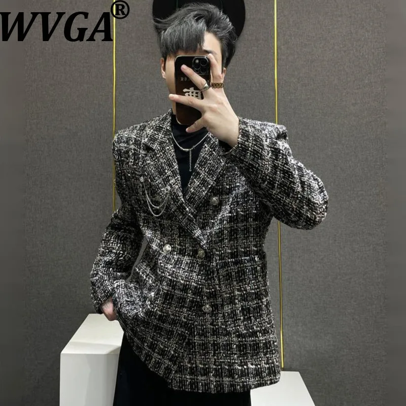 

WVGA Spring Autumn New Men Tide High-End Tweed Double-Breasted Turn-Down Collar Blazer Niche Chic Casual Suit Jackets Ins W16471