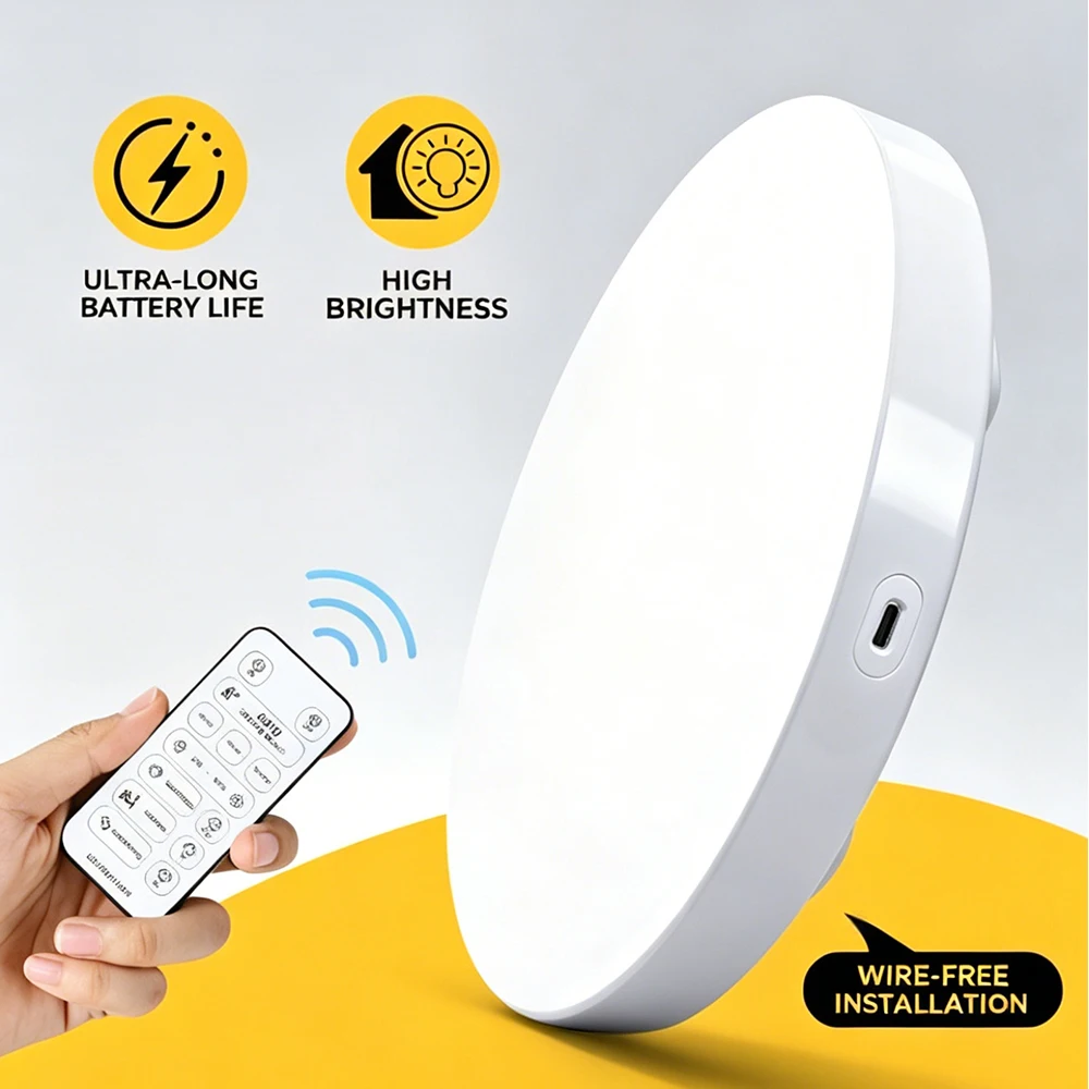 

Потолочный светильник с радарным датчиком движения, 10000 мАч, перезаряжаемая светодиодная лампа без проводки, с пультом дистанционного управления, 3 цвета, для проходов, коридоров, гаражей