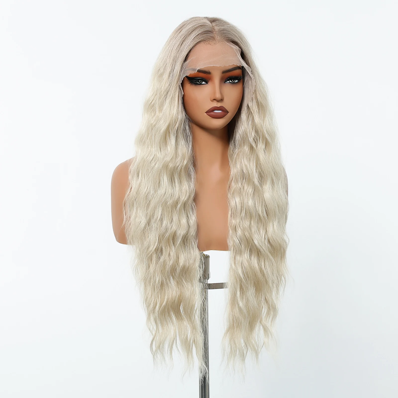 13*6 Blonde Synthetic Lace Front Wigs Natural Hairline Curly Wavy Hair Wig for Women Daily Date Use Heat Resistant Fiber Hair