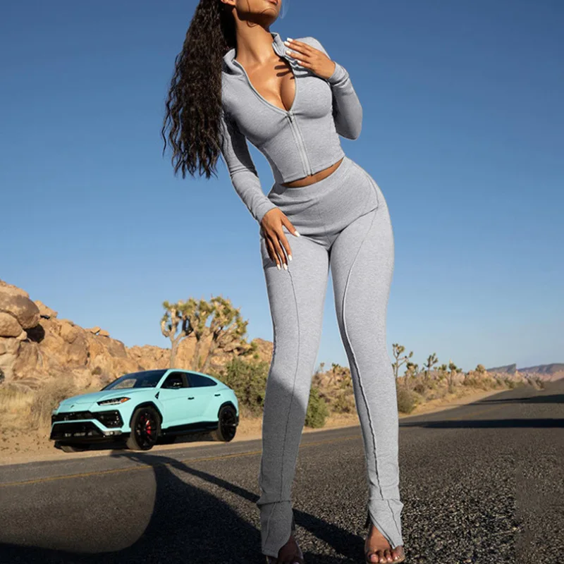 Zweiteilige Hosen-Sets für Damen, Trainingsanzug, Reißverschluss, Oberteile, Mäntel, lange Hosen, Jogger, Sport, elegant, Spleiß, hohe elastische Taille, Streetwear