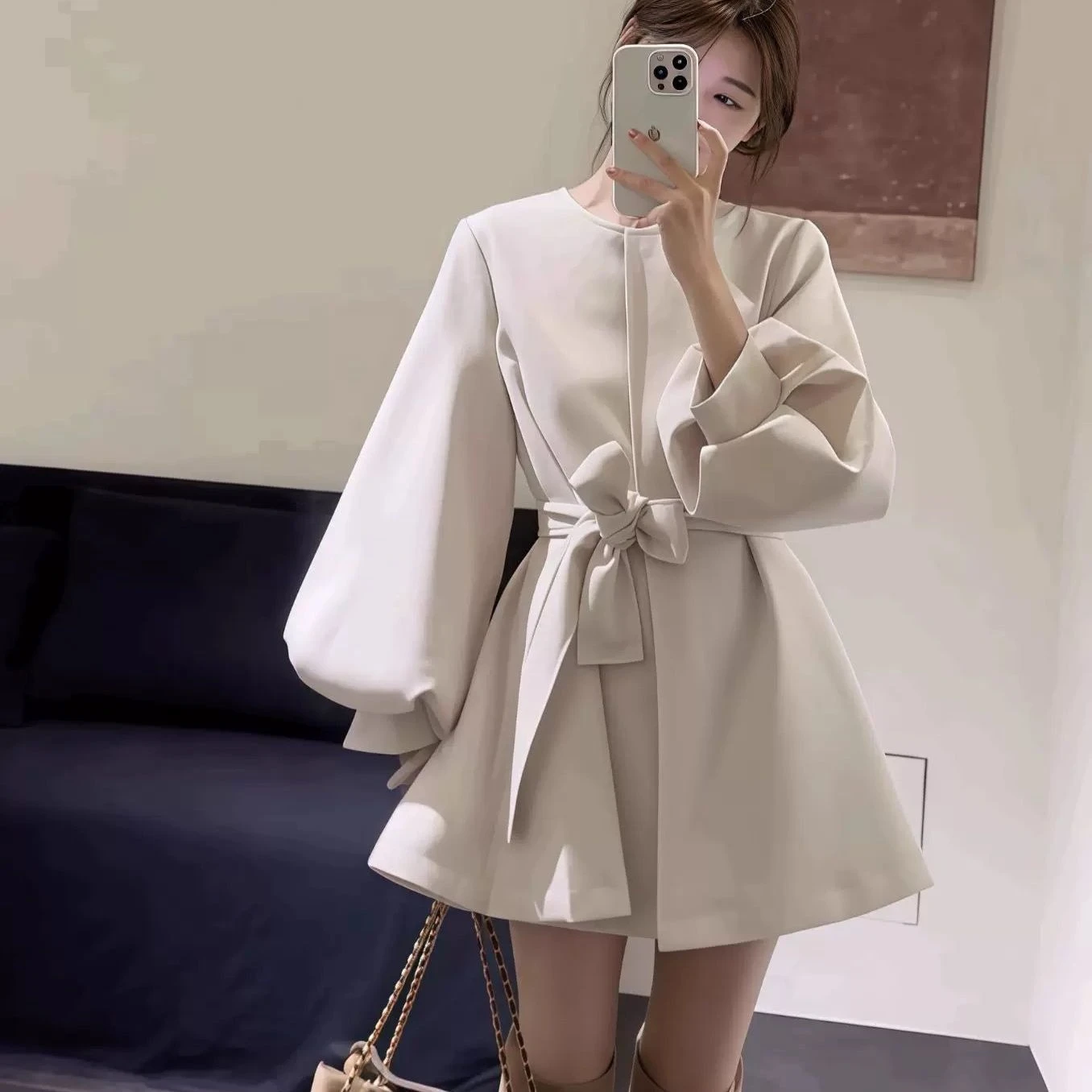 

2025 Autumn Winter Women's Windbreaker Coat Female Jacket with Belt Lantern Long Sleeves Outerwears O Neck Covered Button Top