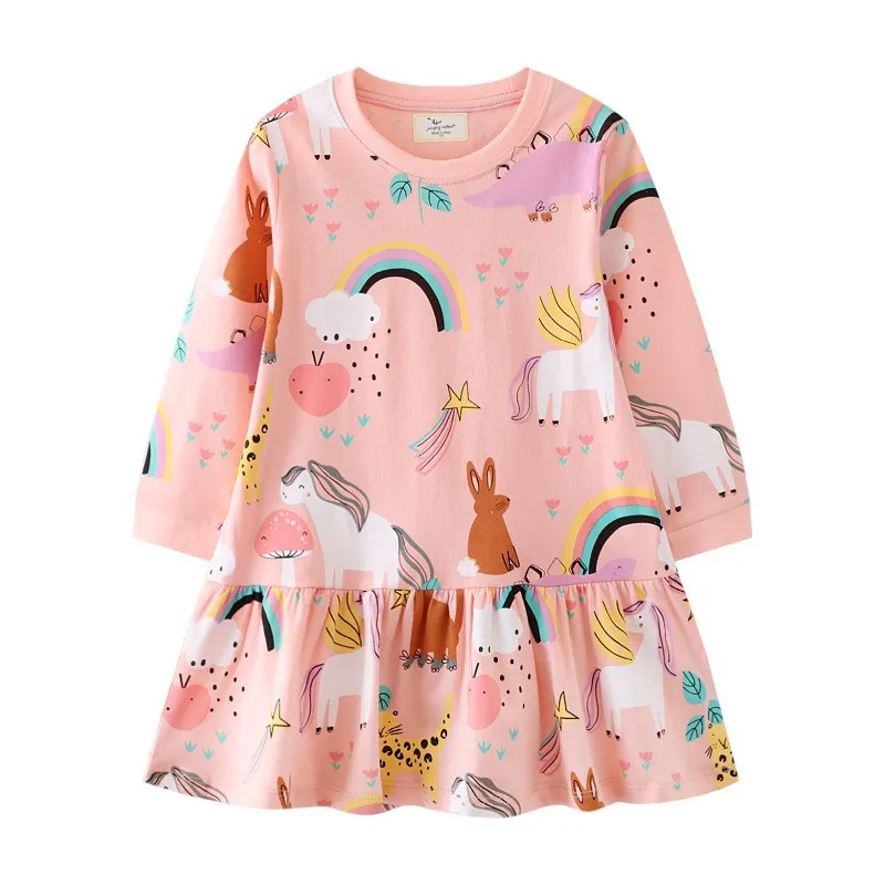 Jumping Meters New Arrival Dinosaurs Print Long Sleeve Birthday Dresses For Kids Girls Clothing Autumn Spring Animals Print Tops