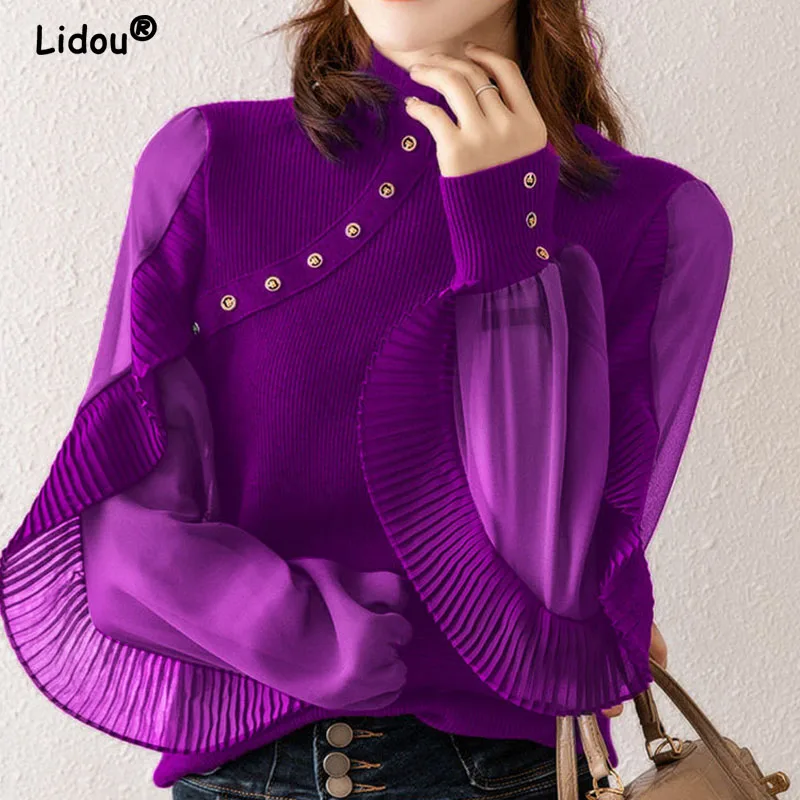 Elegant Fashion Autumn Winter O-Neck Knitted Splicing Chiffon Solid Color Pullovers for Women 2022 New Pleated Ruffles Rivet top