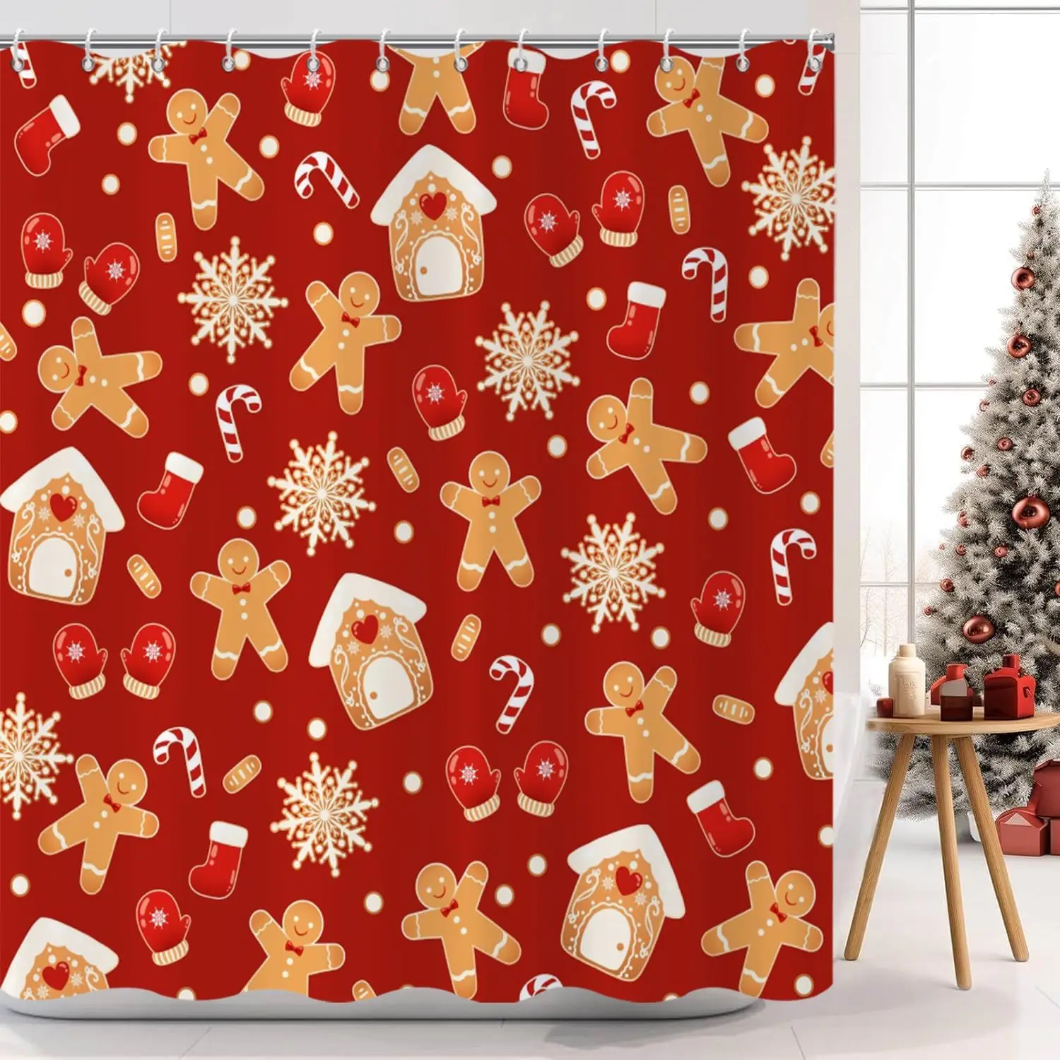 Christmas Gingerbread Shower Curtain, Red Xmas Cartoon Cute Gingerbread Man House Snowflake Winter New Year Holiday Bathroom