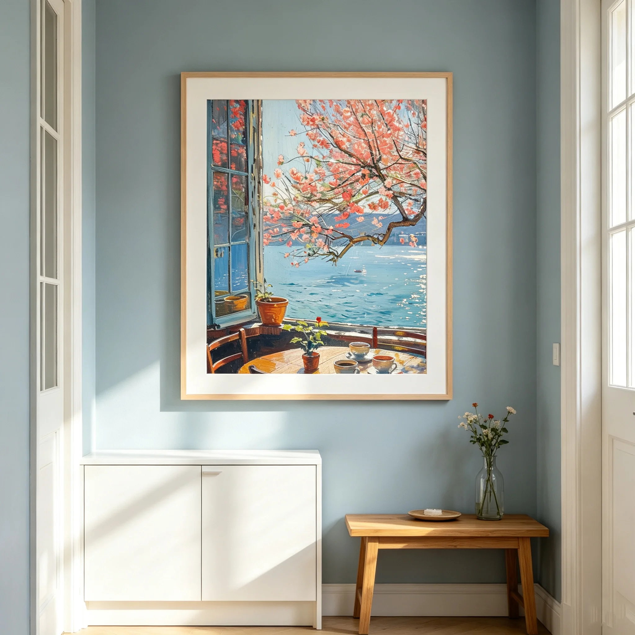 Wall Art Canvas Painting Window Lake Scenery Posters and Prints Living Room Decor Spring Flower Tree Printing Picture