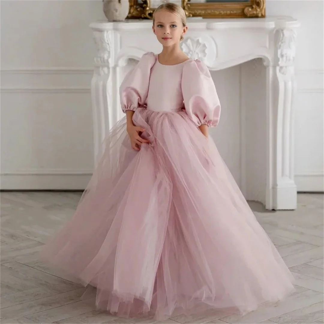 Communion Banquet Princess Flower Girl Dresses Dusty Pink Birthday Holy Gowns Pearls Neck With Bow Half Sleeve