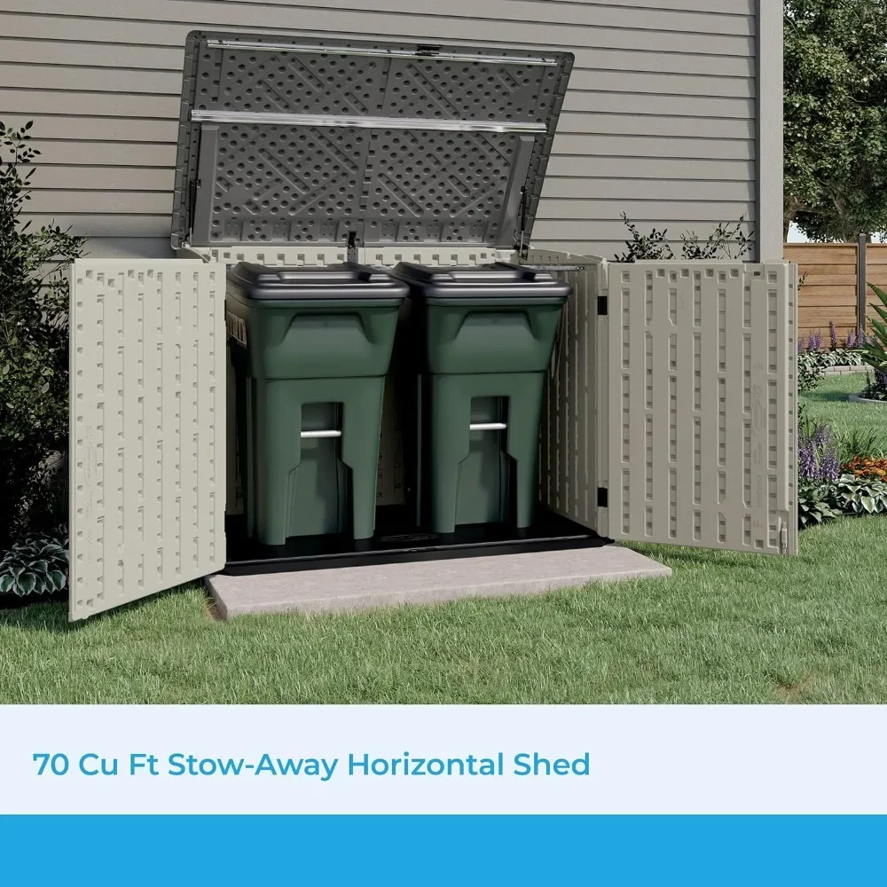 Horizontal Stow-Away Storage Shed - Natural Wood-like Outdoor Storage for Trash Cans and Yard Tools - All-Weather Resin,