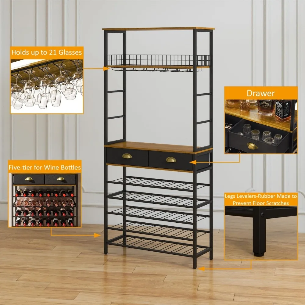 Wine Rack Freestanding Floor with Wine Glasses Holder, Liquor Cabinet Bar for Home, 2 Storage Drawers, Bar Cabinet