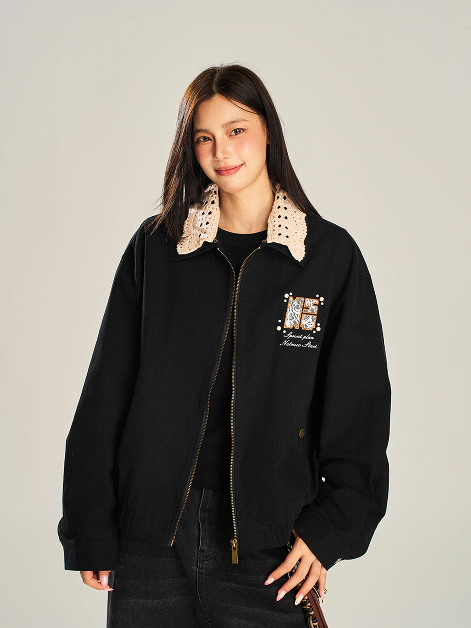 

Detachable Lace Collar Jaet Casual WorkwearNSTNEW START Spring Summer 2024 Stand Fit Cotton Long Sve Zipper Closure