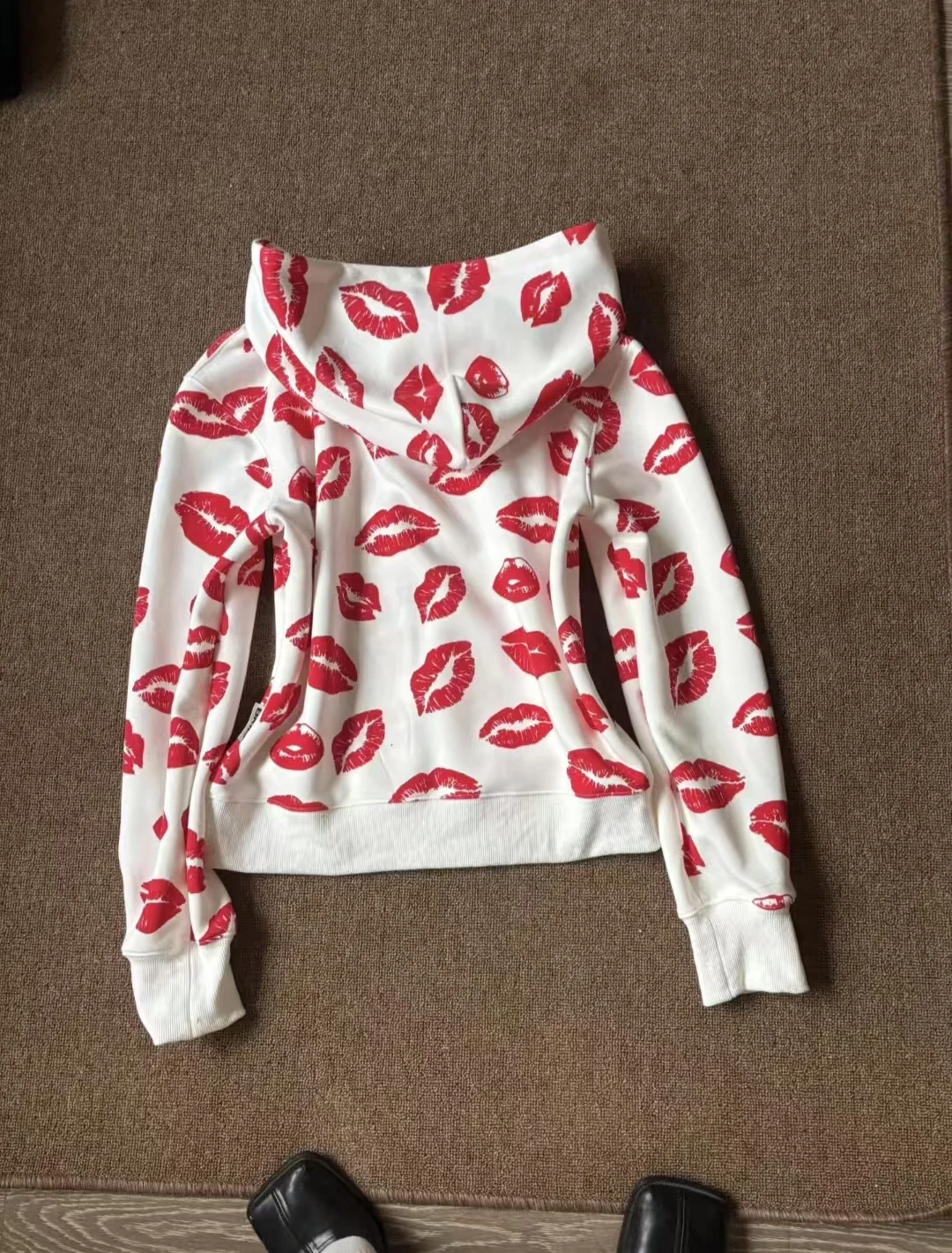 High Street Retro Red Lips Pattern Printed Short Zipper Hoodie Harajuku Punk Slimming Coat Autumn Winter Y2k Women Casual Hoodie