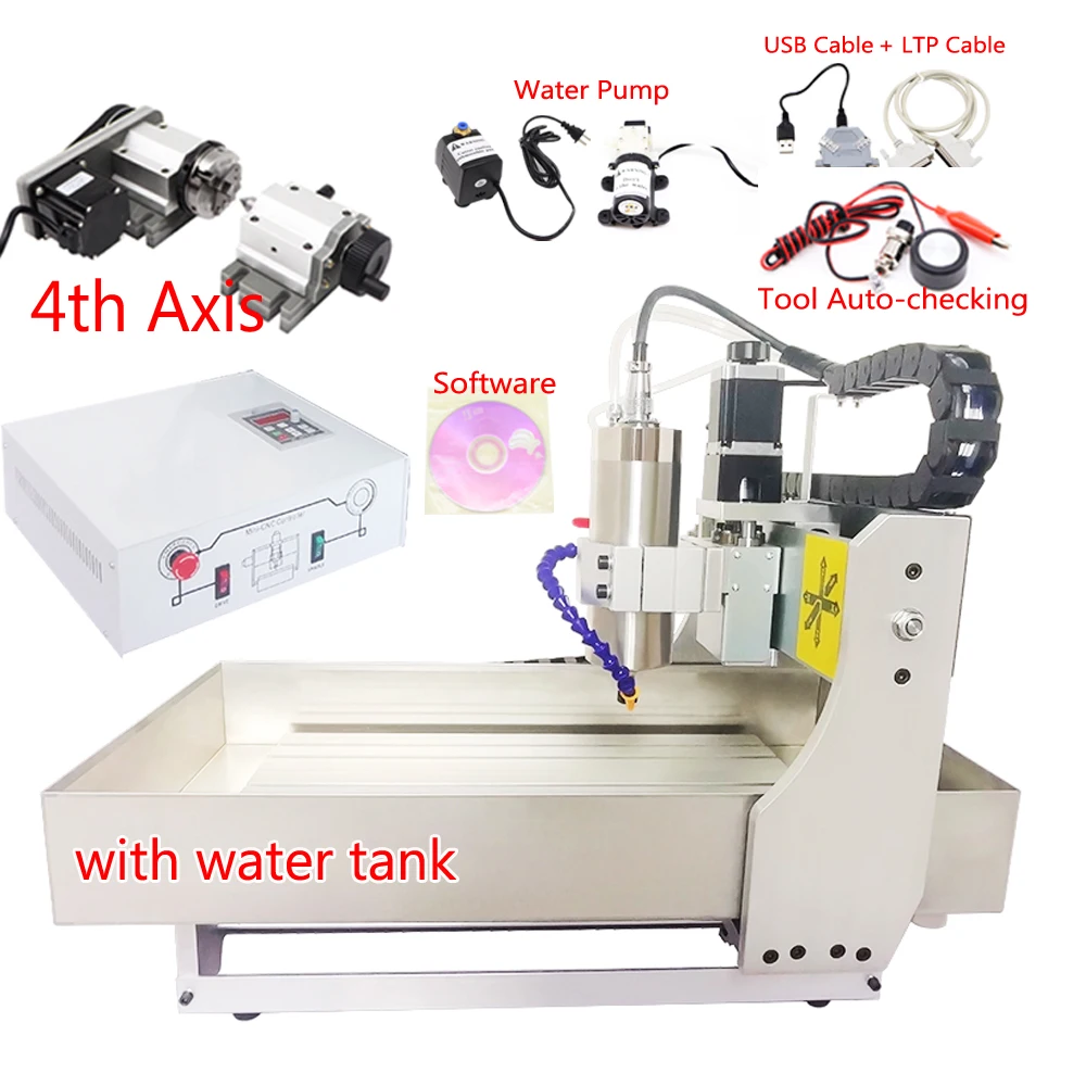 4Axis CNC 3040 Wood Router 1500W 4 Axis Metal Milling Aluminum Engraving Carving Machine 3040 PCB Engraver with Water Tank