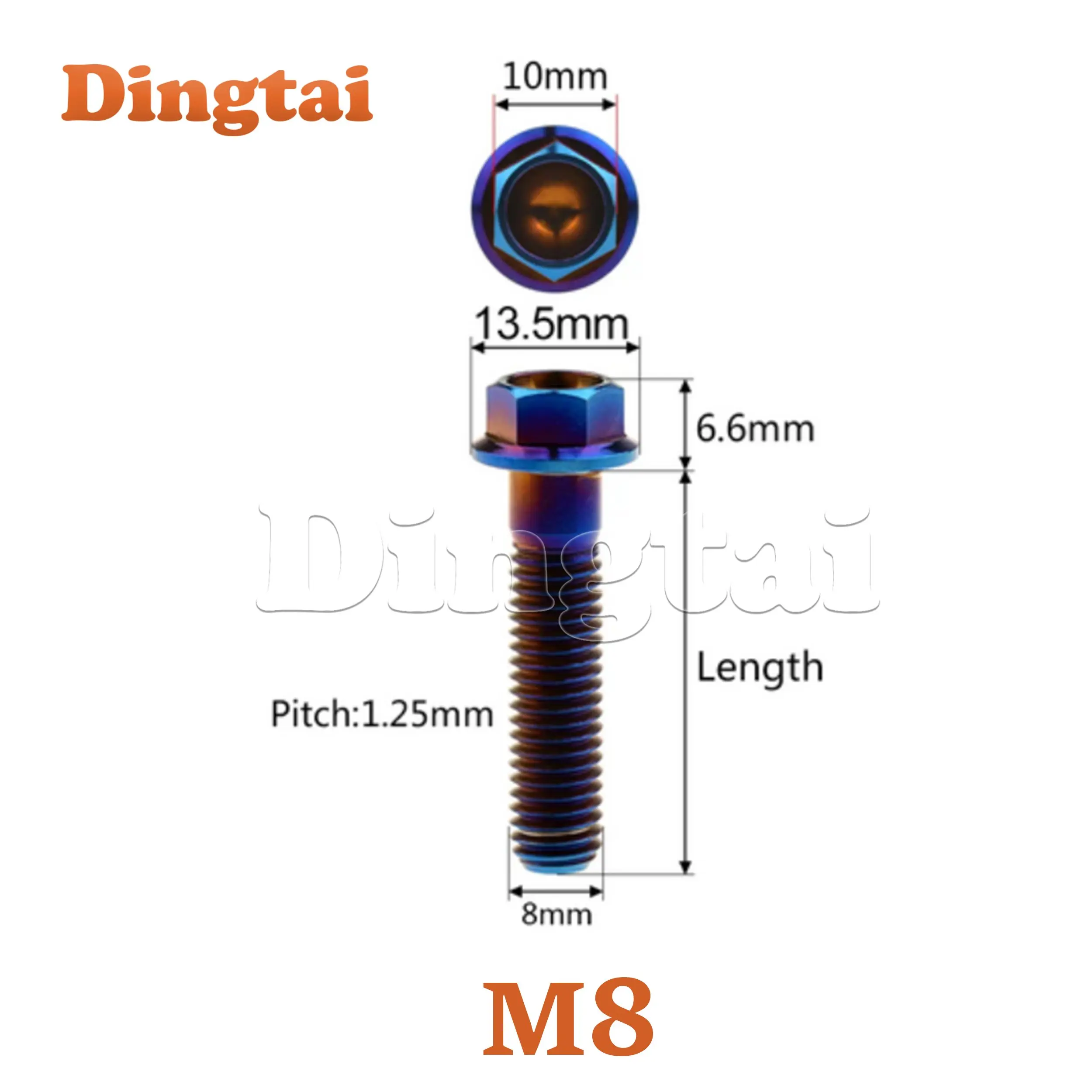 Dingtai Titanium Bolt 10PCS M8x15/ 20/ 25/ 30 /35/ 40 /45 /50 /55 /60 /65mm  Ti Flange Hex Small Head for Cars Motorcycles