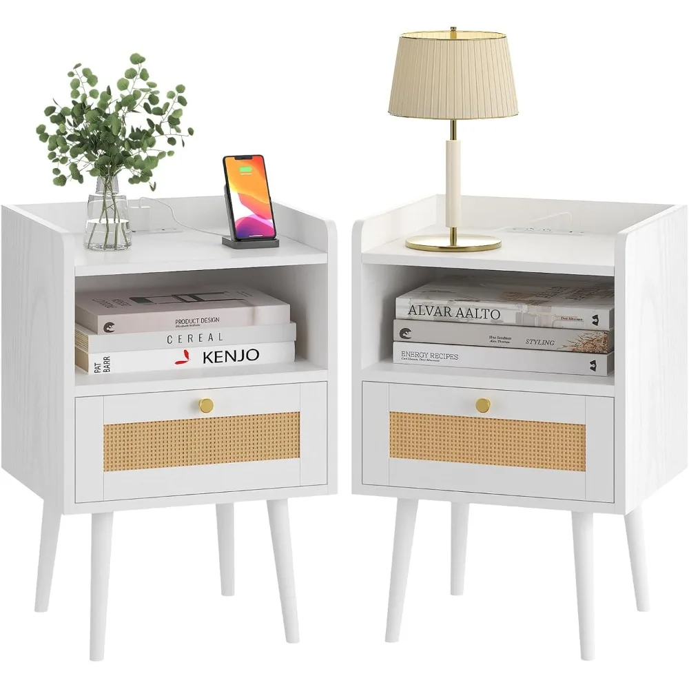 

Rattan Nightstand with Charging Station, Mid Century Modern Bed Side Table, Boho End Table with Wood Legs, Bedside Tables for Fa