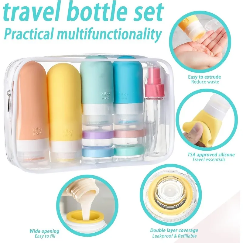 Liquid Cosmetic Travel Tubes Set 16Pcs, TSA Approved BPA Free Leakproof Silicone Squeezable Bottles with Marking Labels