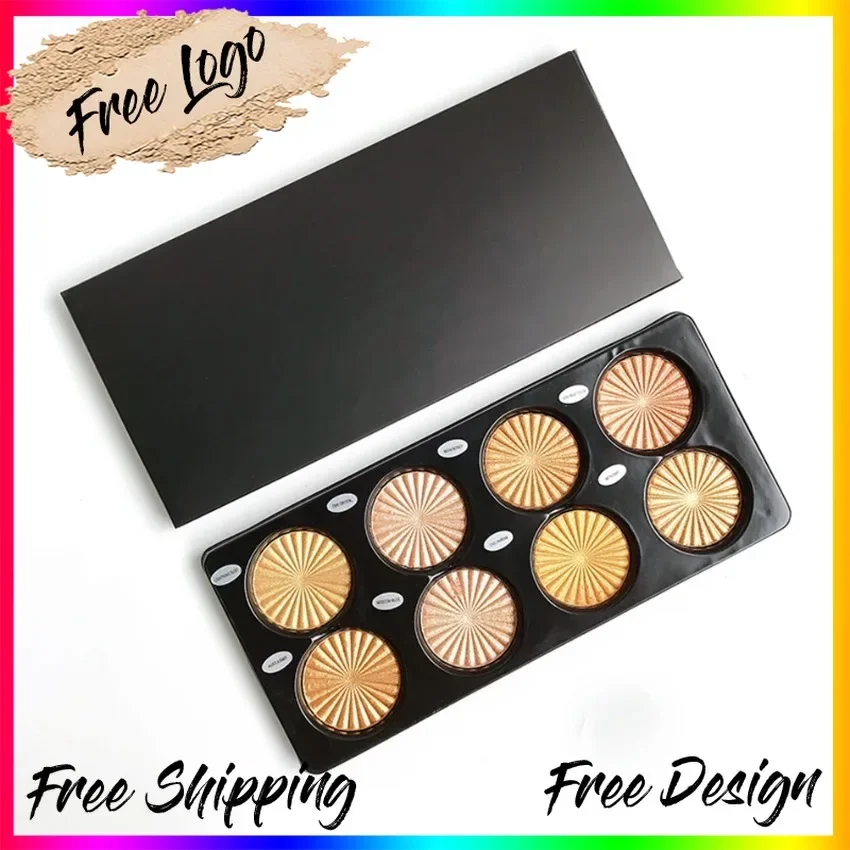 

Private Label 8-colors Pearly Highlighter Palette Brightening Glitter Easy To Apply Pigmented Pearlescent High Gloss Face Makeup