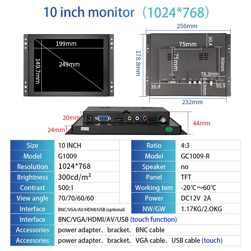 Zhixianda 10 Inch 4:3 Display Touch Screen Open Frame Monitor For Industrial Automation Equipment With AV BNC VGA HDMI USB Input