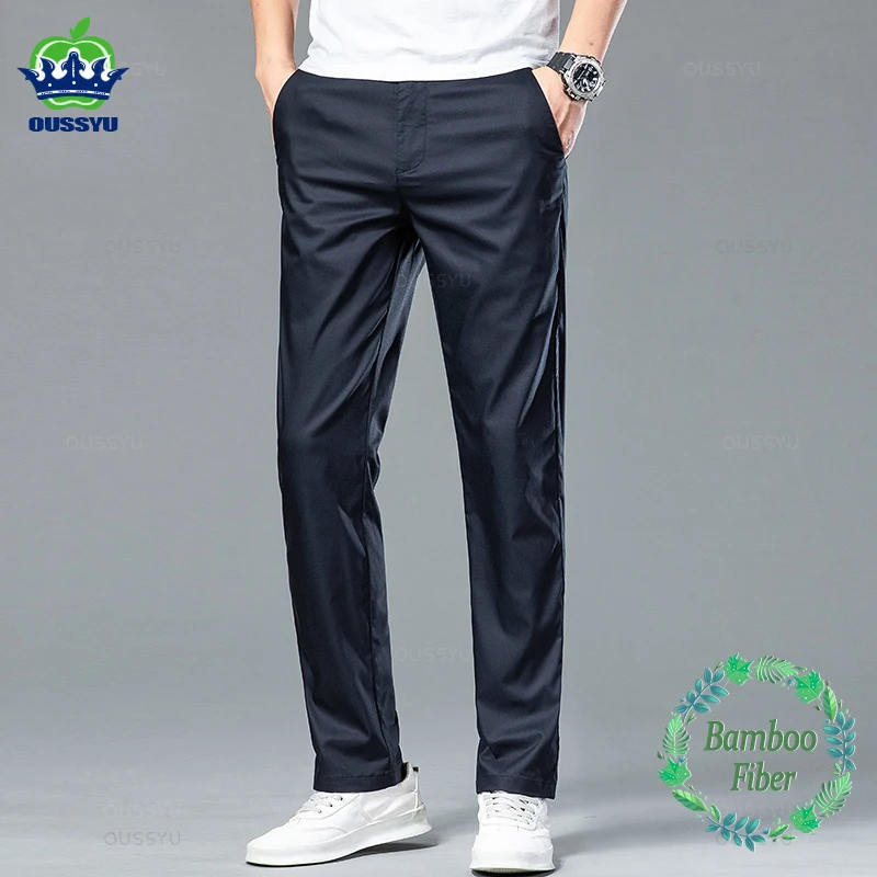 

New Summer Cosy Soft Bamboo Fiber Straight Suit Pants Men Business Stretch Thin Navy Blue Casual Trousers Male Large Size 40 42