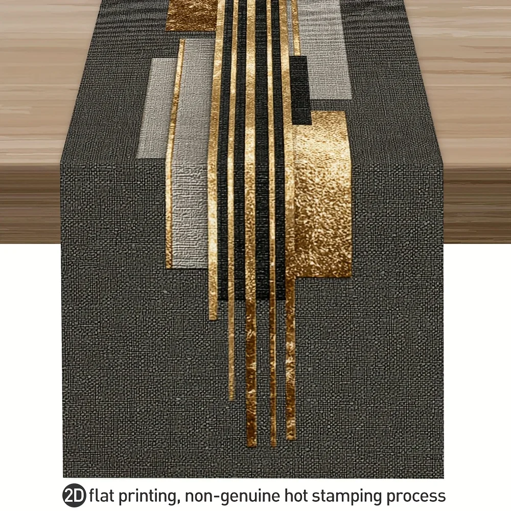 Black & Gold Geometric Quilt Table Runner - Modern All-Season Print, Metal Color Block, Home/Holiday/Family Dining Party Decor
