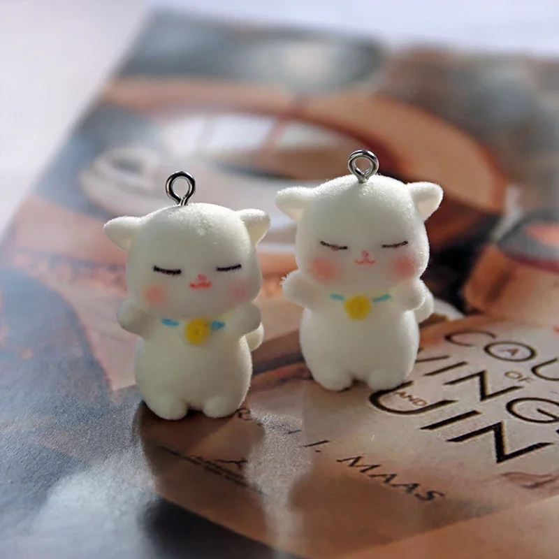 30Pcs 3D Kawaii Flocking Cat Charms Cartoon Animals Cat Resin Pendant Earrings Keyrings Accessories for DIY Crafts Jewelry Make