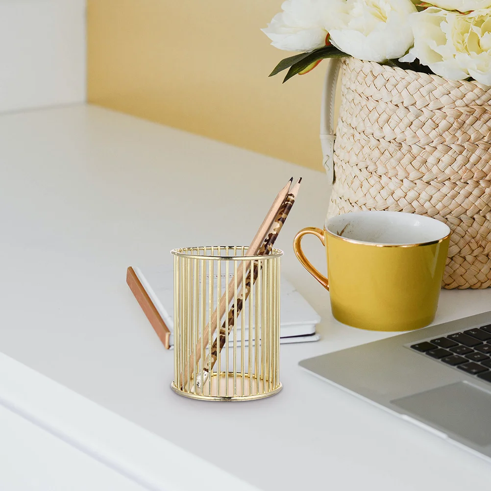 

2pcs Iron Craft Pencil Holder Golden Desktop Storage Bucket For Office School Study Room Stationery Organizer Pen Pot Brush