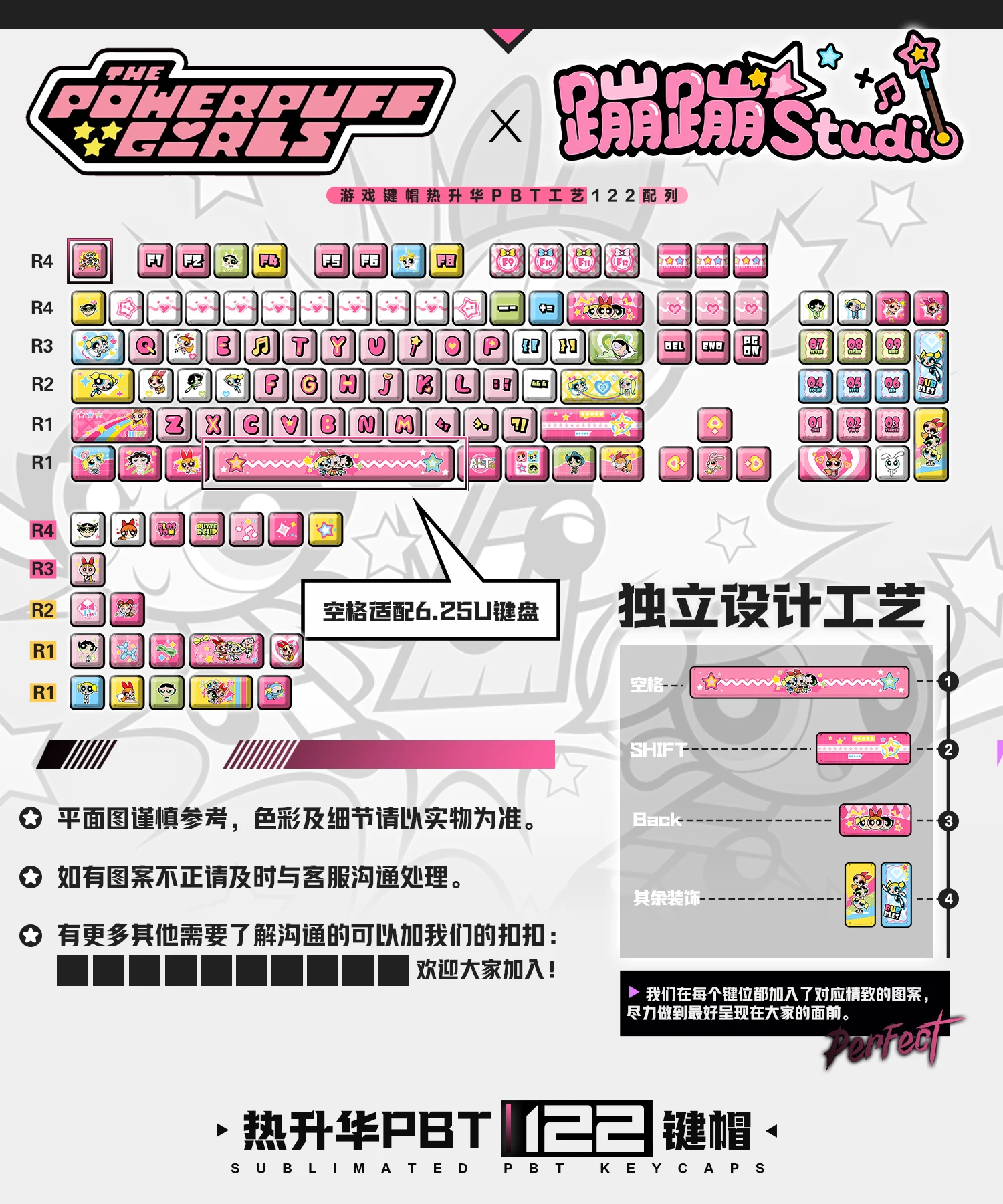 122 Tombol The Powerpuff Girls Anime Cute Game Chreey PBT Keycaps Transparan untuk Keyboard Mekanik Made68 Mad68 Wooting 60