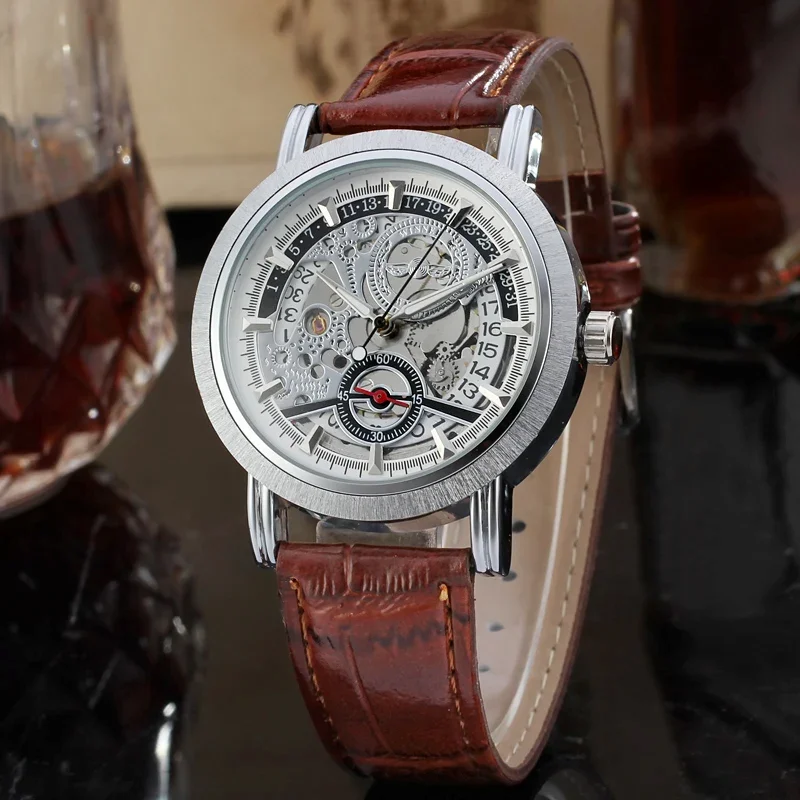 T-winner Men's Business Flywheel Nail scale Automatic mechanical watch Hollow steel band Mechanical watch gold Men's Watch
