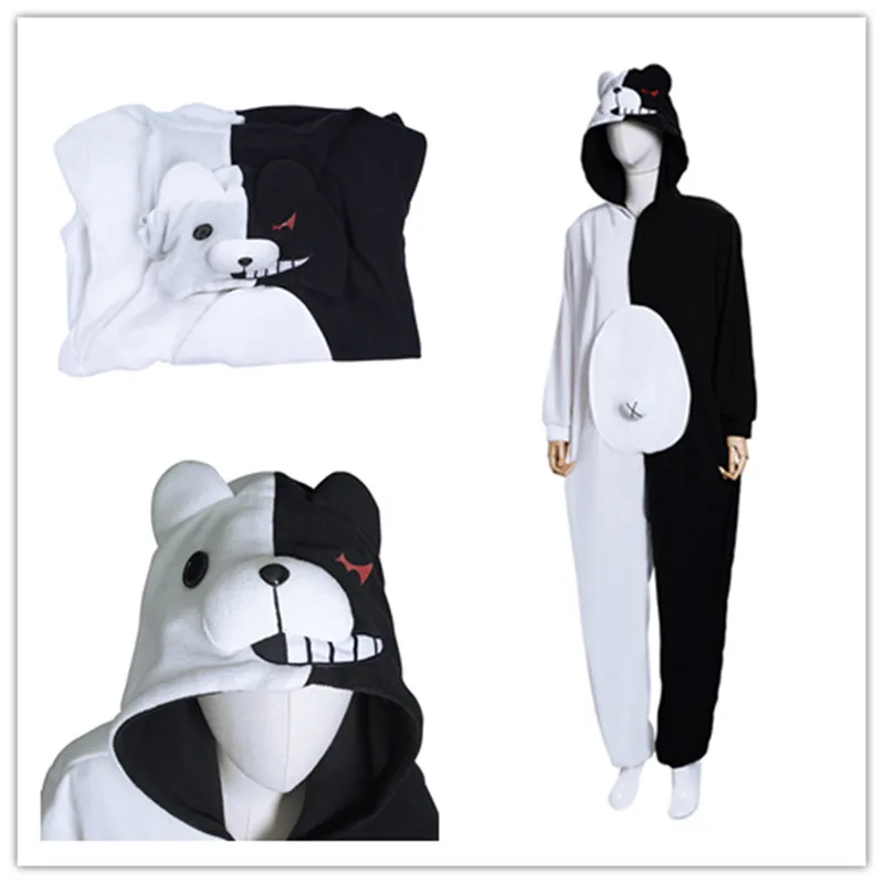 Anime Monokuma Cosplay Costumes Men Women Fleece Hooded Jumpsuit Pajamas Sleepwear Nightwear Halloween Carnival Suit