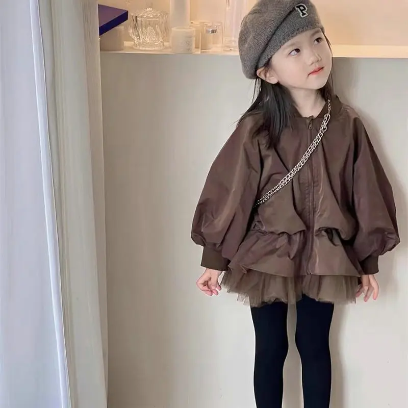 Fashion Girl's Jacket Japanese Version Fake Two-piece Mesh Children's Jacket Top 2025 Spring Autumn Outfit New