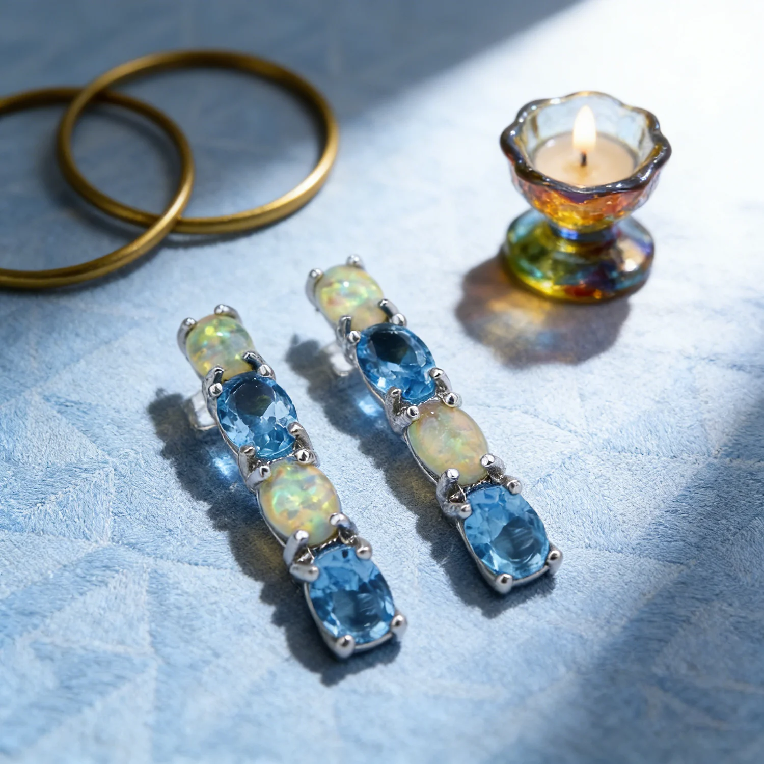 Sapphire and Opal Stud Earrings for Women,4-Stone Alternating Blue Gemstone and Fire Opal Earrings,Elegant Minimalist Jewelry