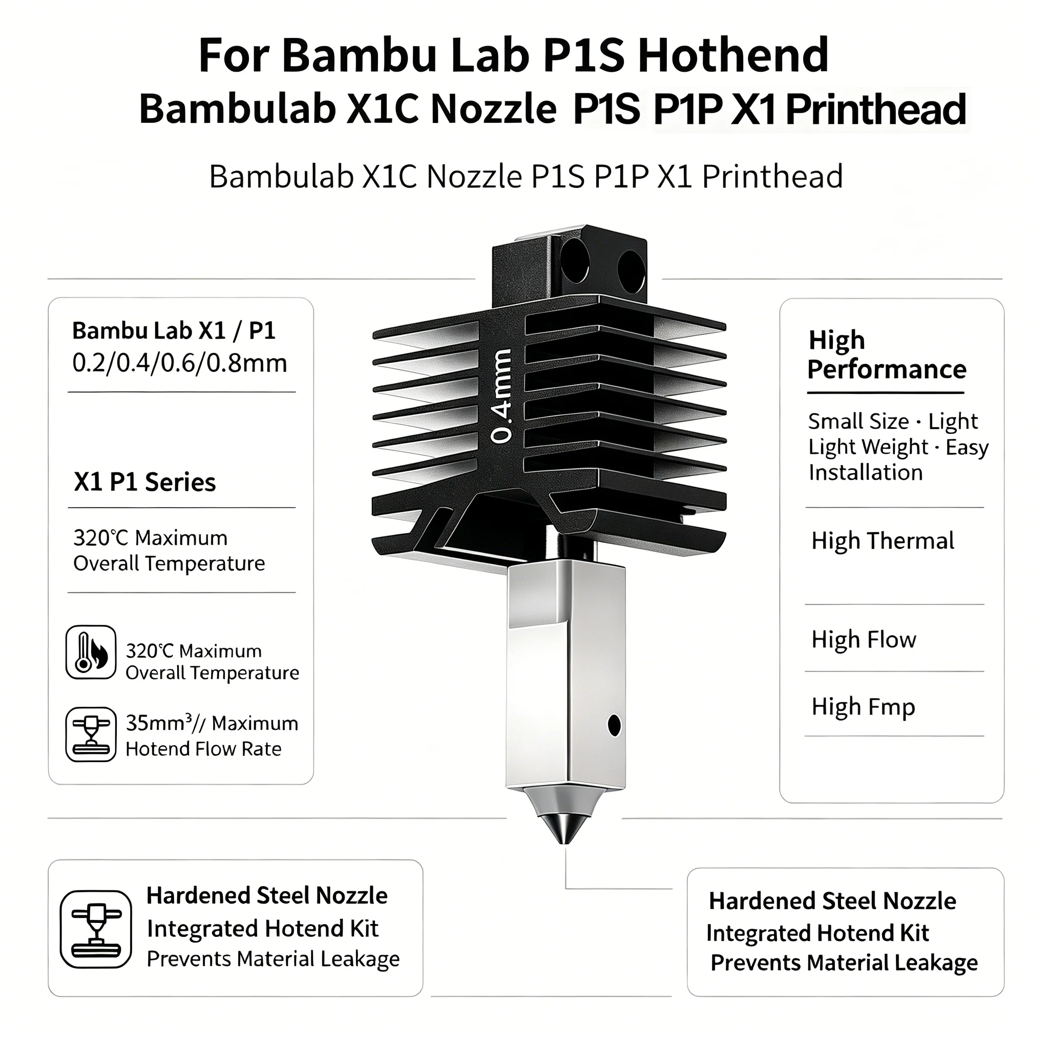For Bambu Lab P1S Hotend Bambulab X1C Nozzle P1S P1P X1 Printhead Hardened Steel Integrated Design Prevents Material Leakage