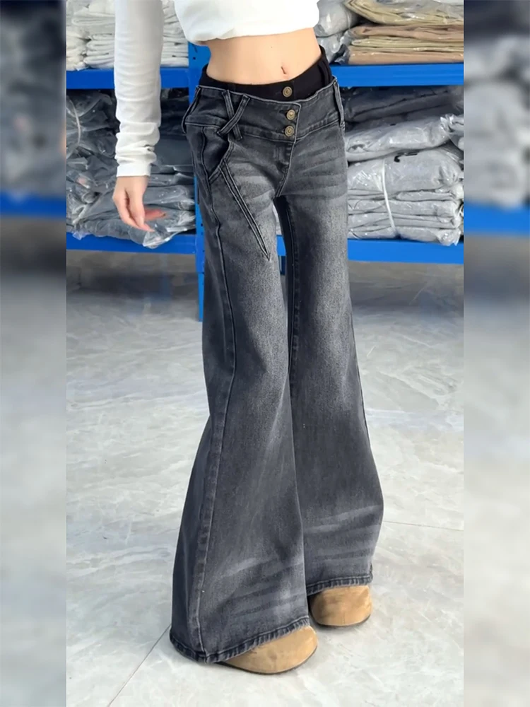 

American High Street Irregular Waisand Spliced Denim Women Sexy Retro Design Sense Small Cro Micro Flare Long Pants