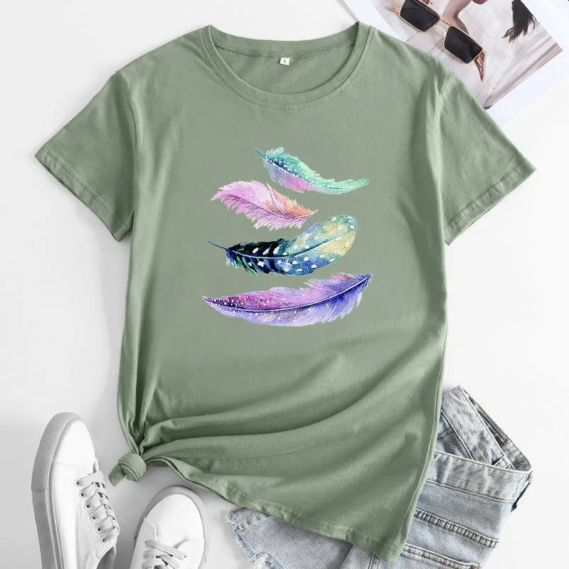 JFUNCY Women Summer T-shirt Woman Short Sleeve Tops Colorful Feathers Print Tshirt  Casual Loose Female Cotton Tees