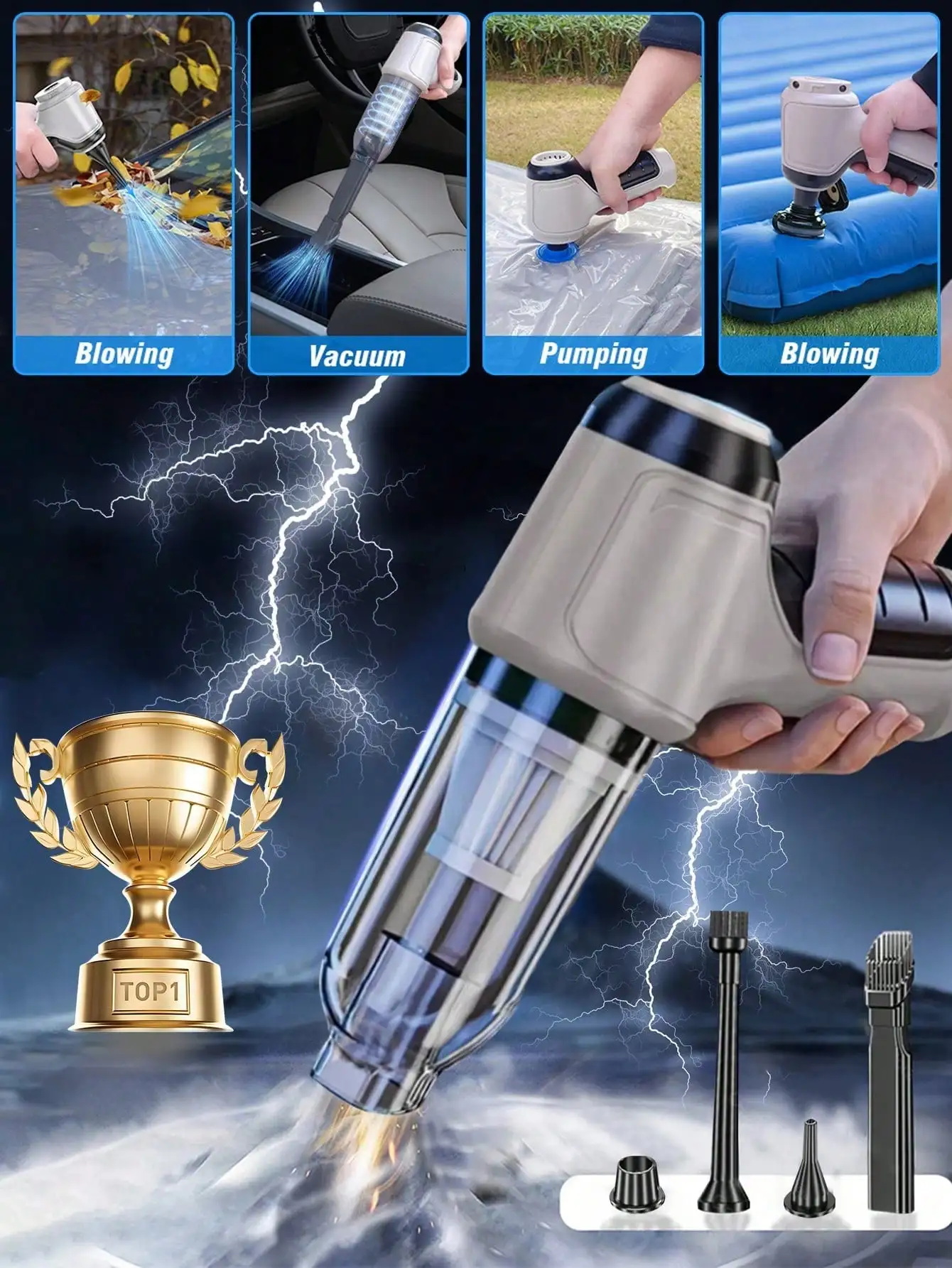 3-In-1 Car Vacuum Cleaner, Powerful Suction, Portable Compact Cordless Handheld Vacuum Cleaner, Suitable For Dry & Wet Cleaning, 2400mAh Battery, Car Accessories