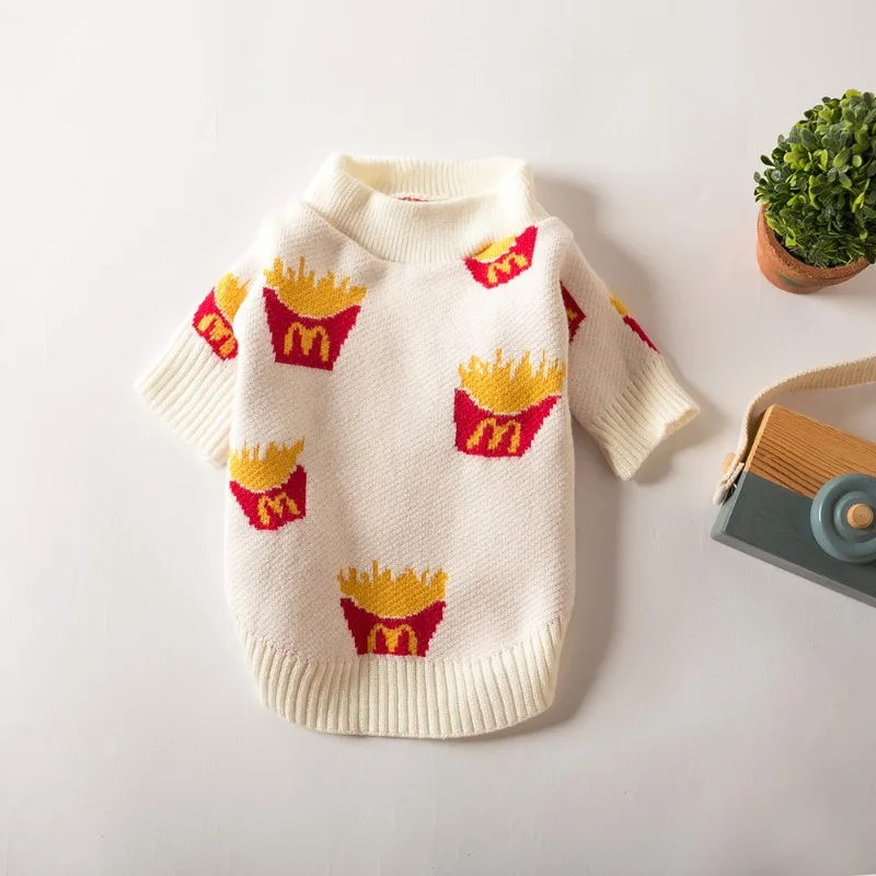 Pet Dog Autumn Winter Warm Clothes Cute French Fries Printed Soft Cotton Sweater for Pet  Small Medium Dogs Pet Clothing Supplie