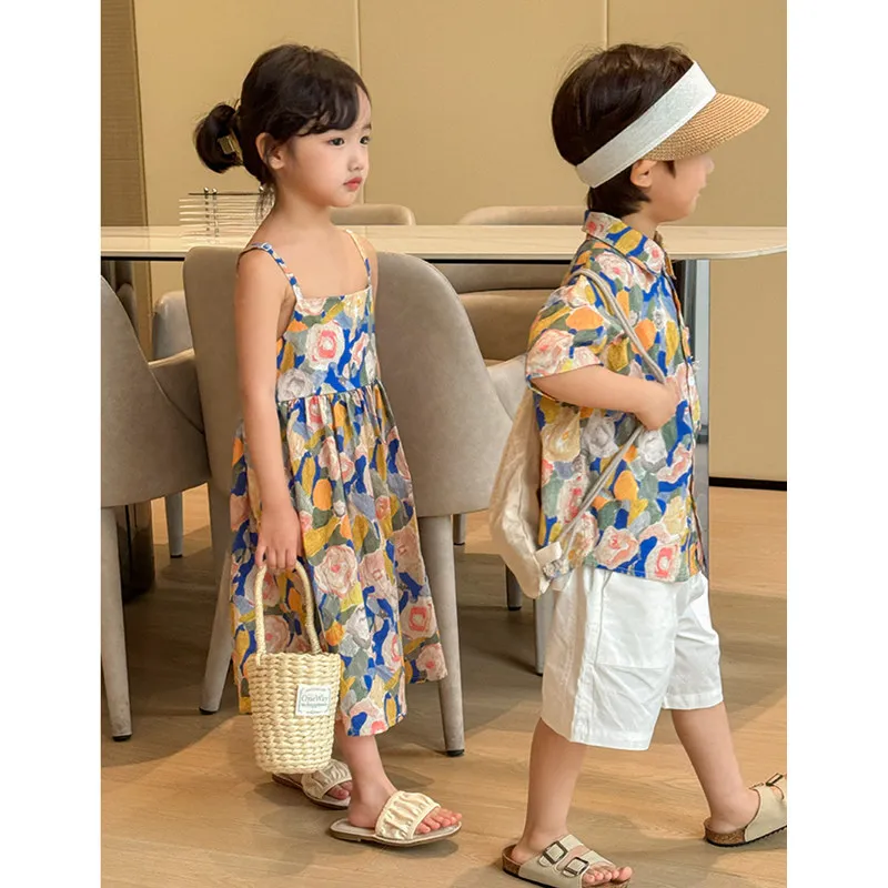 Vacation Look Kids Clothes Resort Beach Brother Sister Matching Outfits Korean Children Clothing Girls Dress Boys Shirt Sets