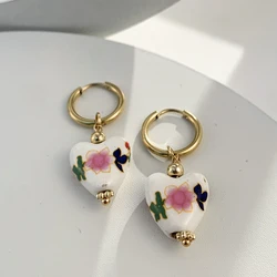 Handmade Geometric Heart Porcelain Earring Lady's Vintage Stainless Steel Hoops Ceramic Dangle Earrings Brincos for Women