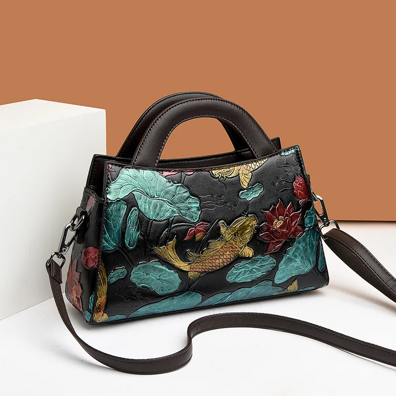 

Large Capacity Crossbody Handbag Ethnic Style Elegant Retro Stamping Wealth Attracting Fish Single Shoulder Bag for Mom