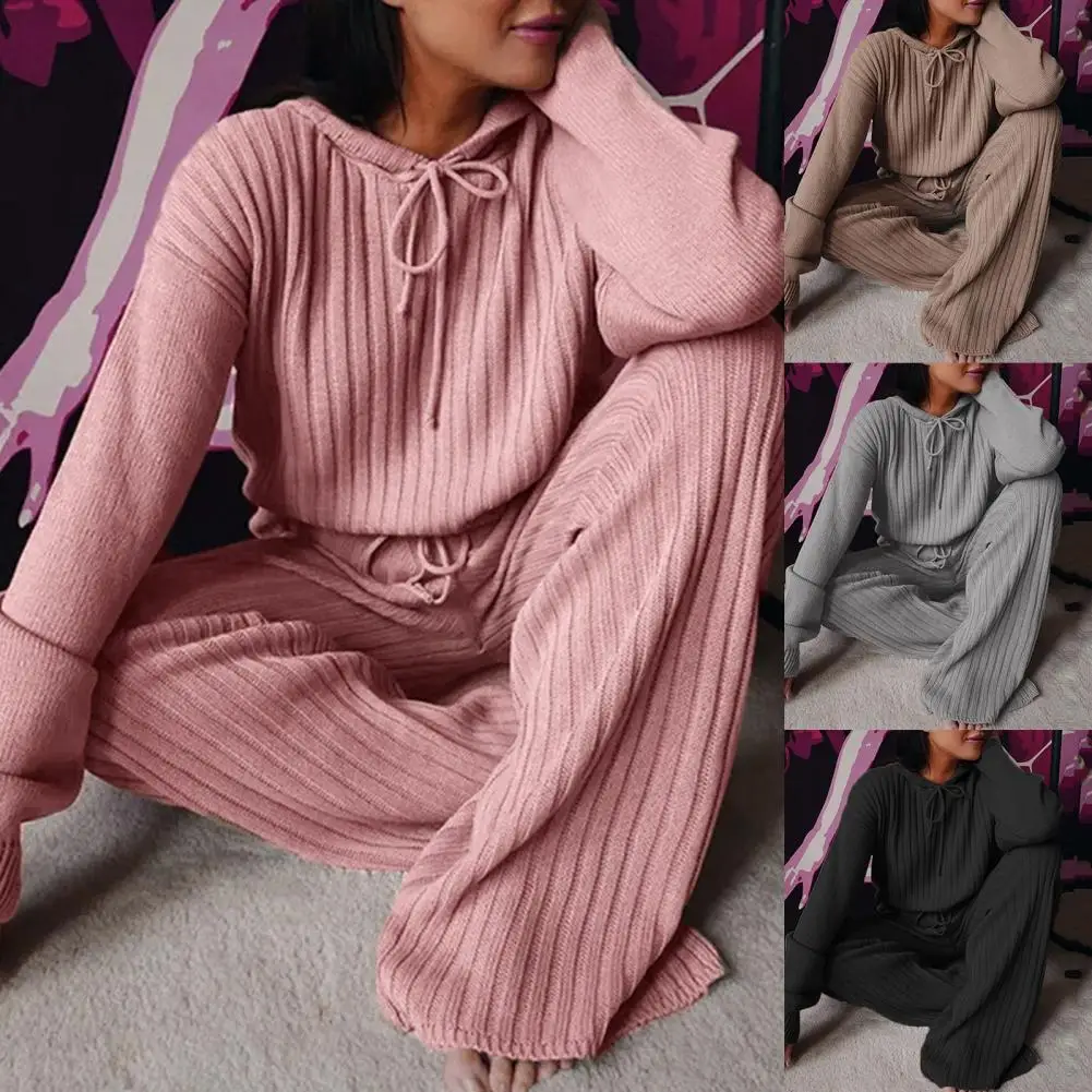 Sweater Trousers Set Two Piece Set Women Outfit Floor-Length Pure Color  Stylish Women Oversize Knitted Outfit Tracksuit